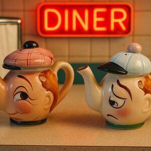 Vintage Anthropomorphic Teapot Men Salt Pepper Shakers Baseball Golfer Kitsch